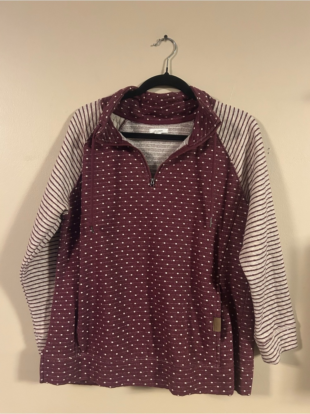 Maurices Maroon Teddy Pullover with Cream Striped Sleeves